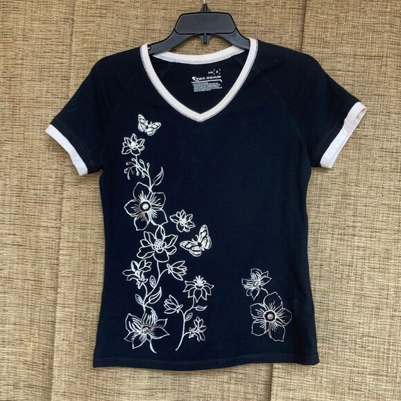 Tell Gear black cotton tee shirt with contrast white trim and metallic print - Picture 1 of 5